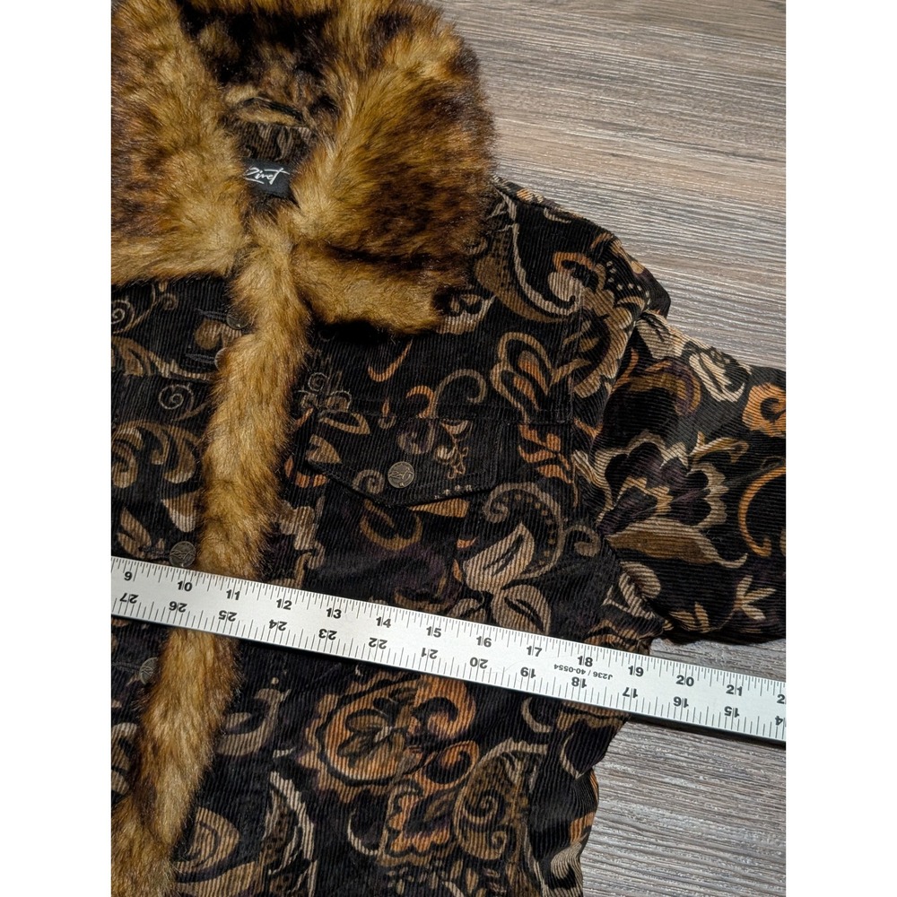 Black Rivet Womens M Corduroy Faux Fur Trim Paisley Trucker Jacket Brown Black - Picture 5 of 5